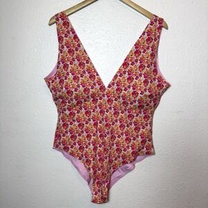 Floral V-Neck One-Piece Swimsuit - Pink Multi